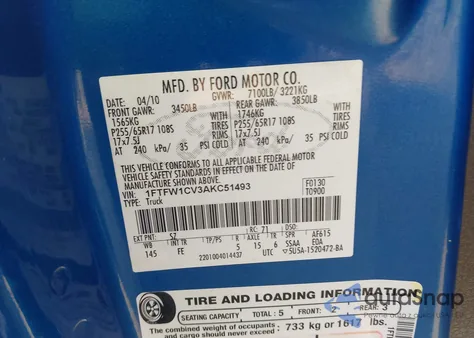 2010 Ford F-150 Fx2 Sport/Harley-Davidson/King Ranch/Lariat/Platinum/Xl/Xlt from USA, damaged, VIN 1FTFW1CV3AKC51493